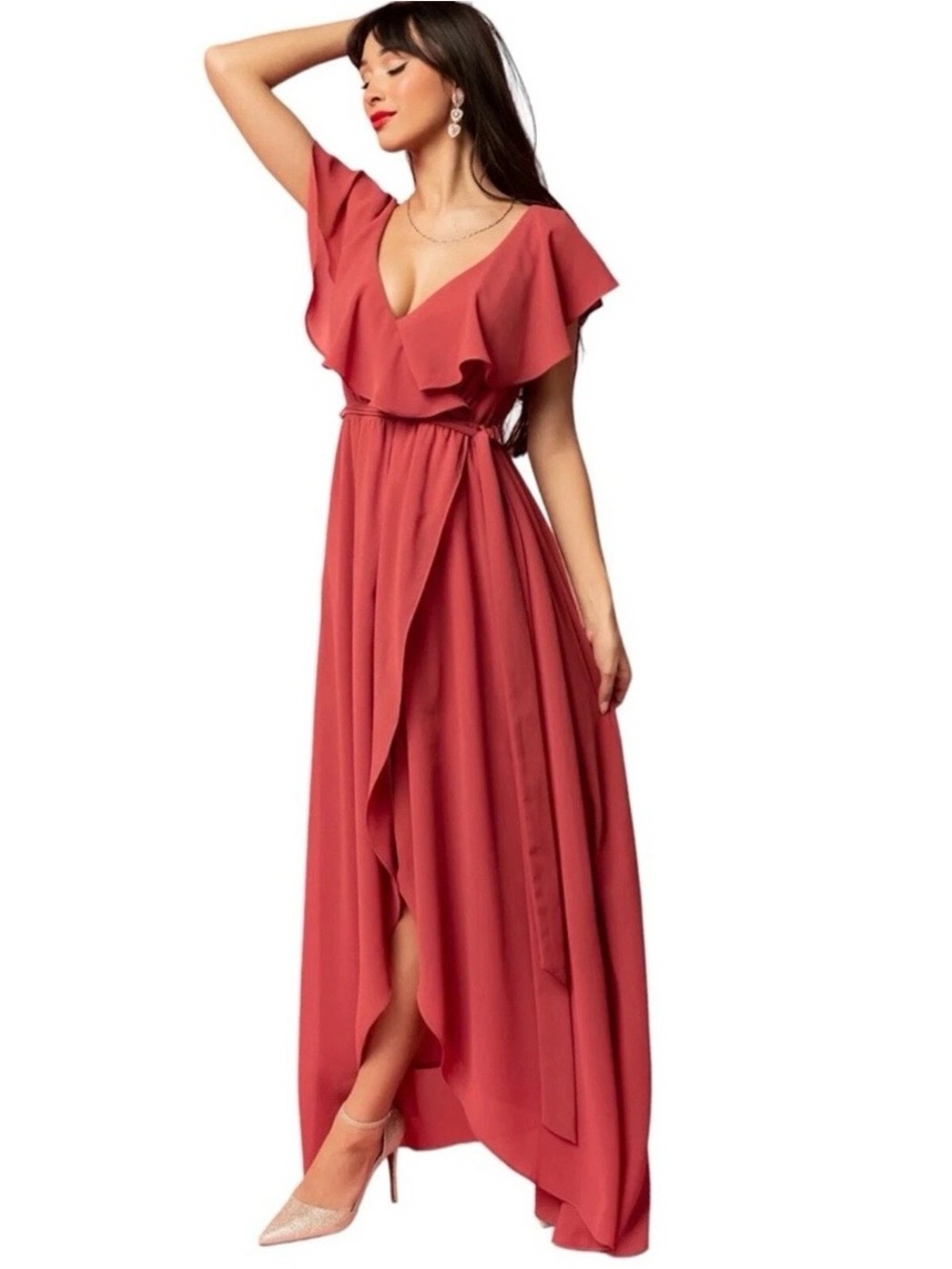 Baltic Born Ruffled V-Neck Maxi Dress in Dusty Rose